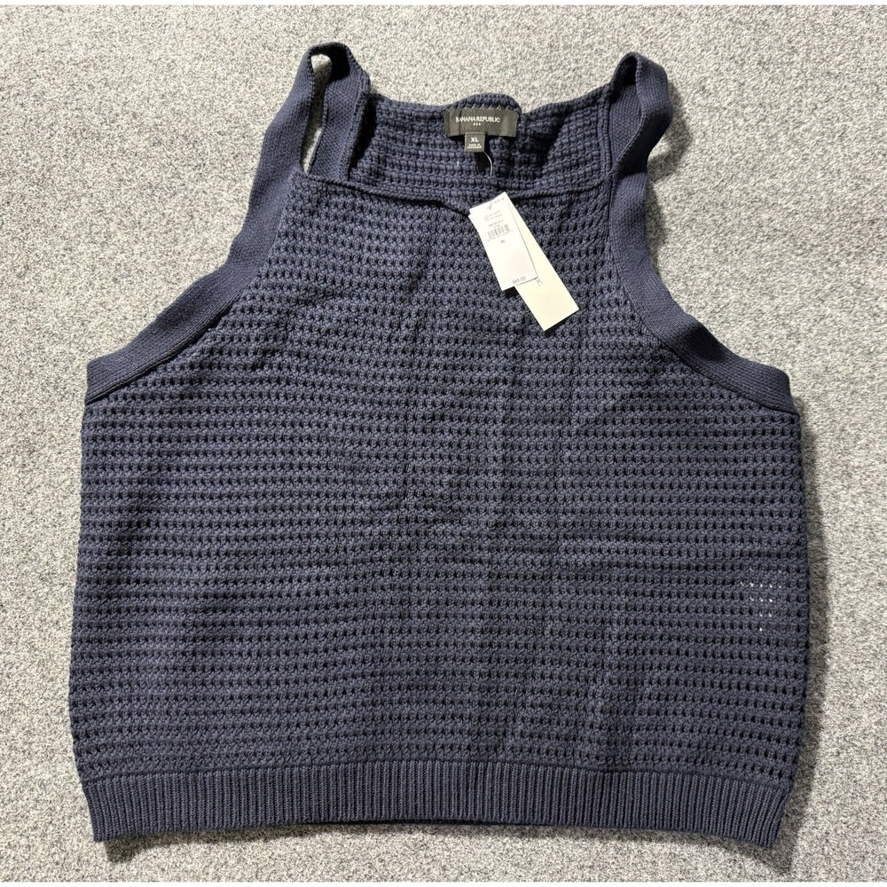 NEW Banana Republic Navy Crochet Cotton Sweater XL‎ Tank Top Square Neck Strappy